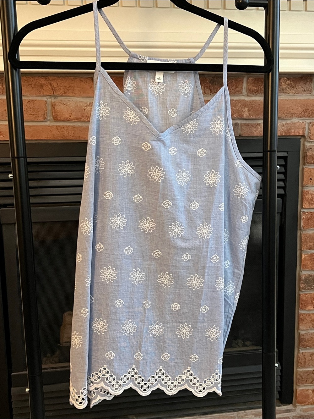Light Blue Floral Eyelet Tank Top with Scallop Hem